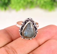 Handmade Silver Plated Ring with Pear Shaped Labradorite Gemstone for Women